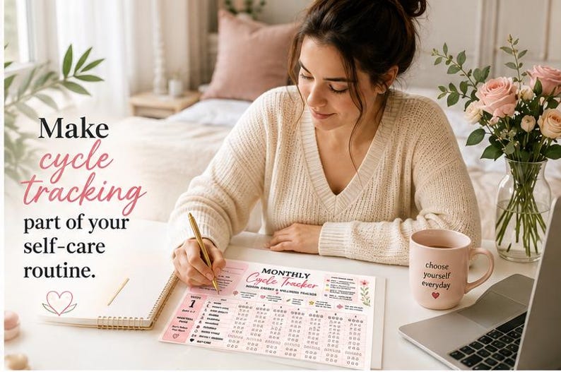 May include: A monthly cycle tracker paper sheet with pink and black text and floral accents. The tracker includes columns for dates, symptoms, and wellness notes. The text reads "MONTHLY Cycle Tracker" and "PERIOD ENERGY & WELLNESS TRACKER".
