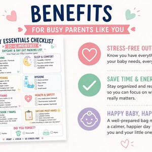 May include: A baby essentials checklist for 0-6 months featuring categories for feeding, diapering, clothing, outdoor travel, sleep, hygiene, and health. The document includes checkboxes and icons, with text detailing benefits like stress-free outings.