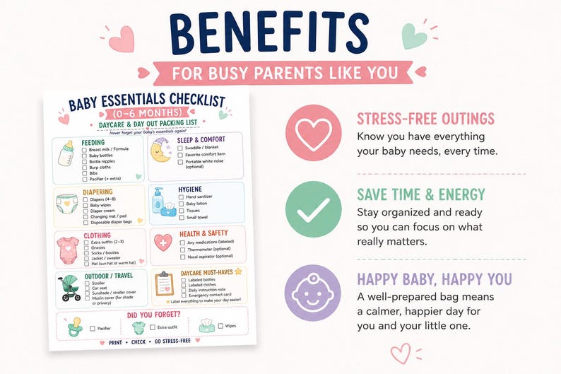 May include: A baby essentials checklist for 0-6 months featuring categories for feeding, diapering, clothing, outdoor travel, sleep, hygiene, and health. The document includes checkboxes and icons, with text detailing benefits like stress-free outings.