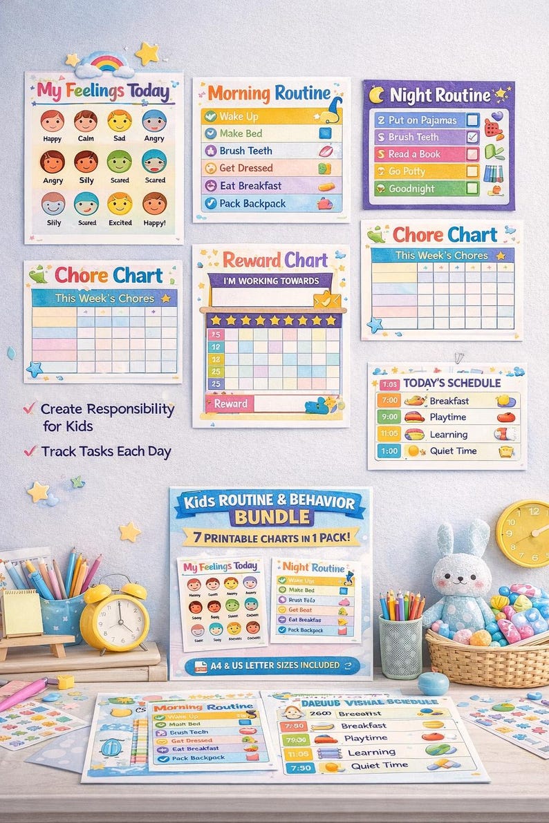 Kids Routine Chart Bundle | Chore, Reward, Feelings Charts (PDF ...