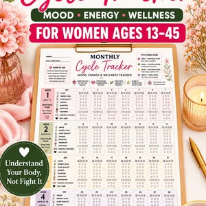 May include: A monthly cycle tracker printed on a sheet of paper attached to a wooden clipboard. The tracker includes sections for mood, energy, and wellness, with daily checkboxes for tracking symptoms across four weeks and a cycle phases guide.