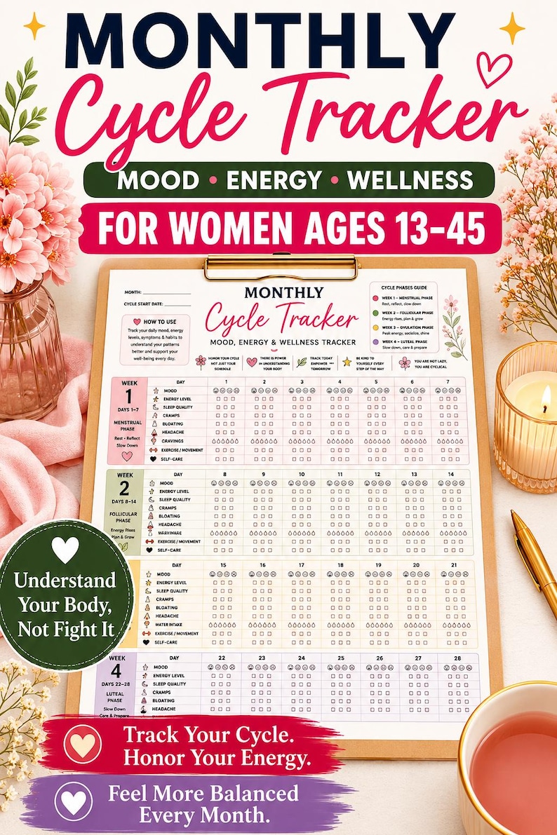 May include: A monthly cycle tracker printed on a sheet of paper attached to a wooden clipboard. The tracker includes sections for mood, energy, and wellness, with daily checkboxes for tracking symptoms across four weeks and a cycle phases guide.