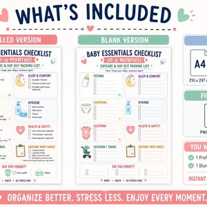 May include: A digital baby essentials checklist for 0-6 months, featuring a prefilled and a blank version. The document includes categories for feeding, sleep, diapering, hygiene, clothing, health, and travel, available in A4 and US Letter sizes.