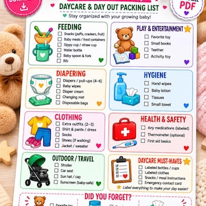 May include: A printable Baby Essentials Checklist for 6-18 months featuring a daycare and day out packing list. The document includes categorized sections for feeding, play, diapering, hygiene, clothing, health, safety, and travel with icons.
