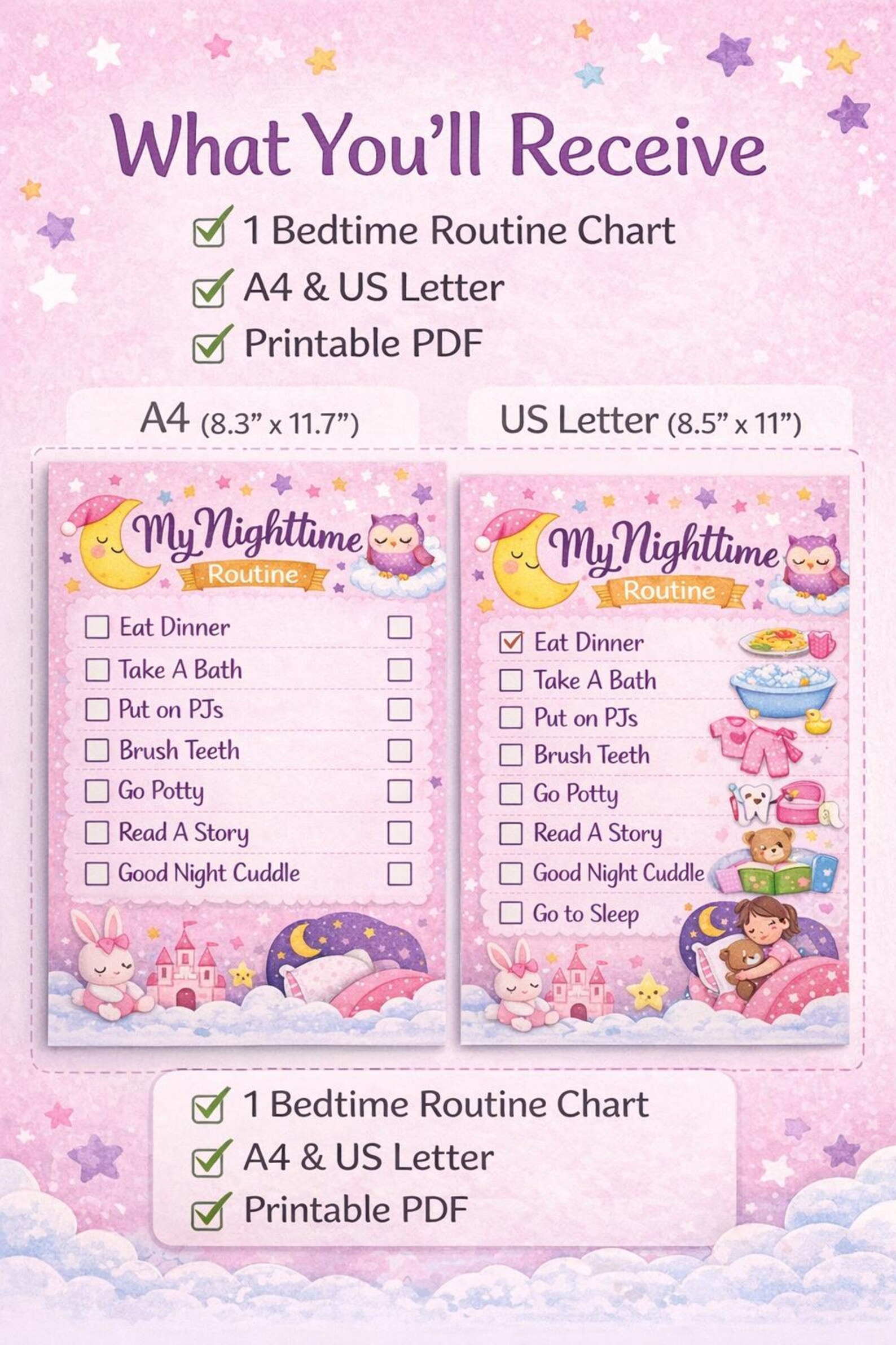Toddler Bedtime Routine Chart for Girls | Bedtime Routine Checklist ...