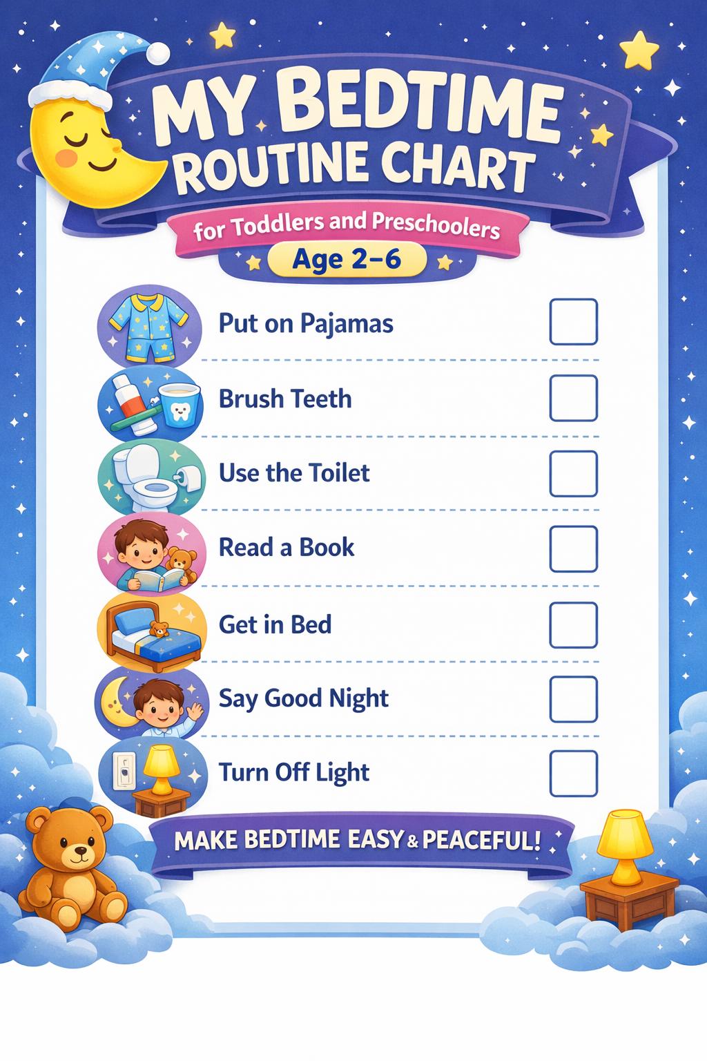 Kids Bedtime Routine Chart | Toddler Nightly Checklist (age 2-6 ...