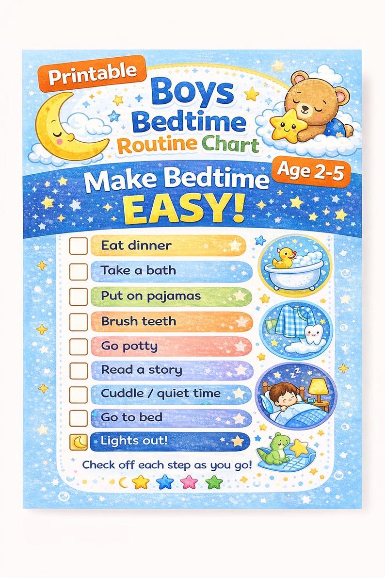 Boy Morning Routine Checklist Boys Bedtime Routine Chart | Visual Checklist, Ages 2-5 (printable ...