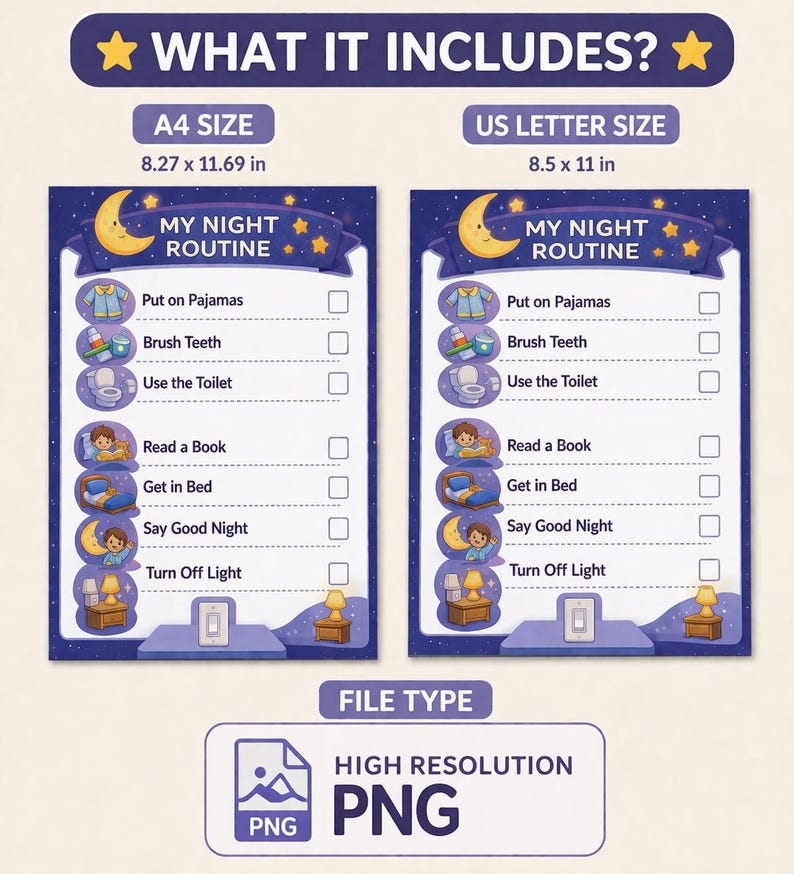 Kids Bedtime Routine Chart | Toddler Nightly Checklist (age 2-6 ...