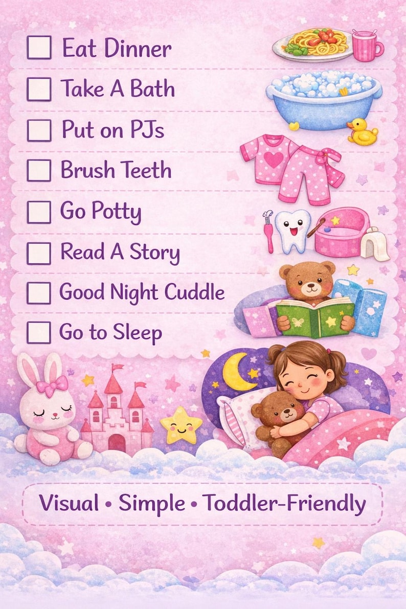 Toddler Bedtime Routine Chart for Girls | Visual Schedule Printable ...