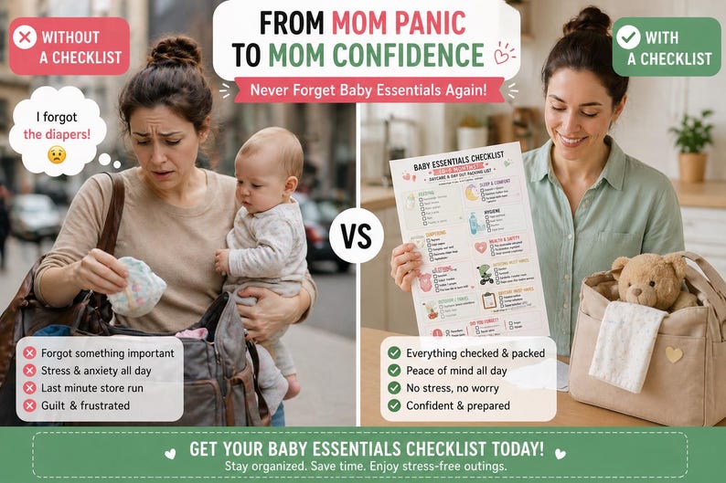 May include: A comparison graphic titled FROM MOM PANIC TO MOM CONFIDENCE featuring a baby essentials checklist. The left side shows a person holding a baby and a bag with text I forgot the diapers. The right side shows a person holding the checklist.