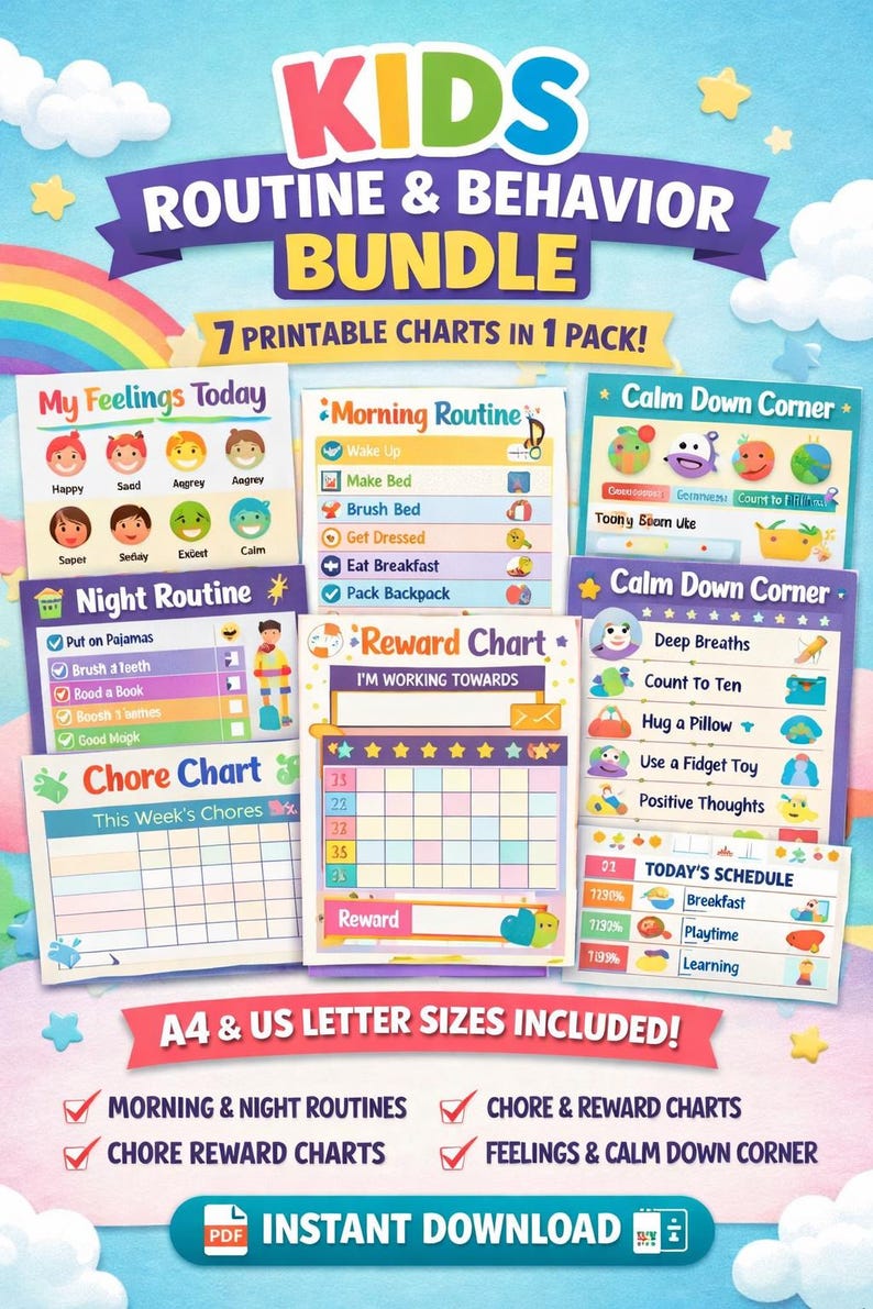 Kids Routine Chart Bundle | Chore, Reward, Feelings Charts (PDF ...