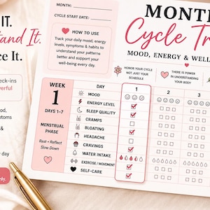 May include: A monthly cycle tracker paper sheet with pink and black text. The layout includes sections for mood, energy, sleep, symptoms, and self-care. It features checkboxes for daily tracking, a section for cycle start dates, and motivational text.