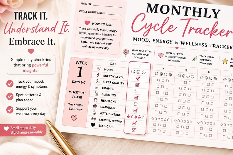 May include: A monthly cycle tracker paper sheet with pink and black text. The layout includes sections for mood, energy, sleep, symptoms, and self-care. It features checkboxes for daily tracking, a section for cycle start dates, and motivational text.