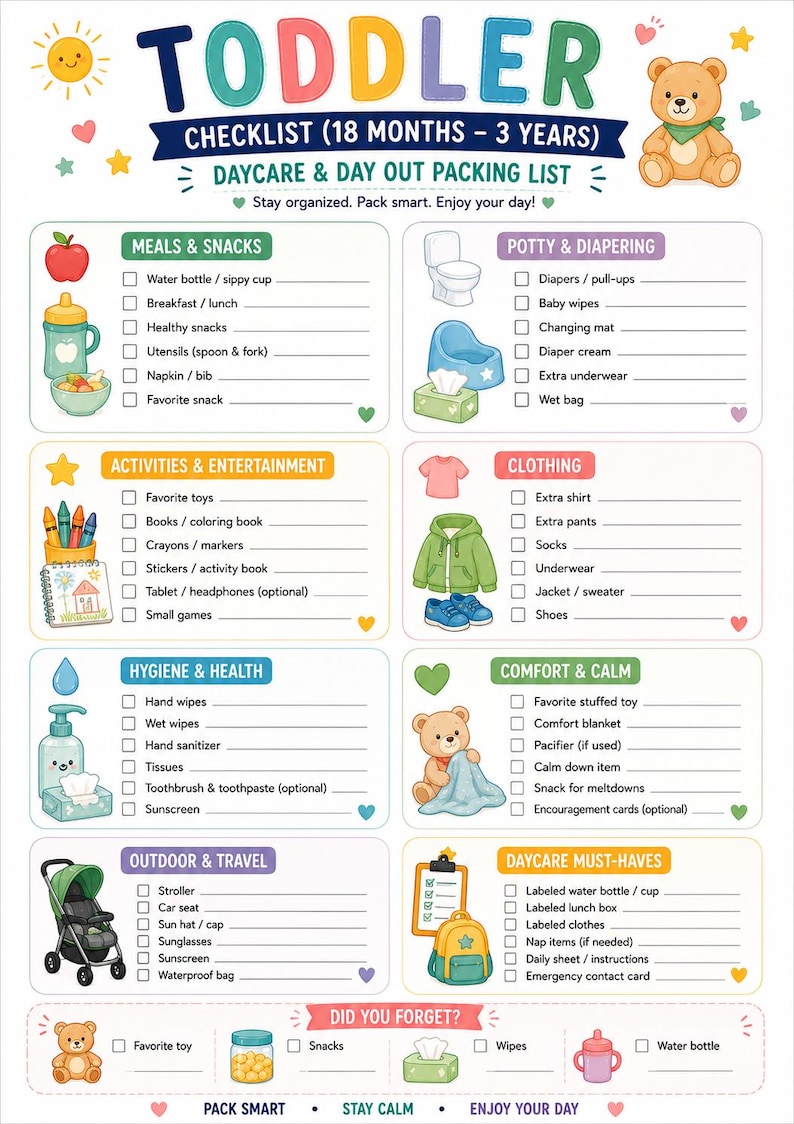 Toddler Checklist Printable, Daycare Packing List, Diaper Bag Organizer