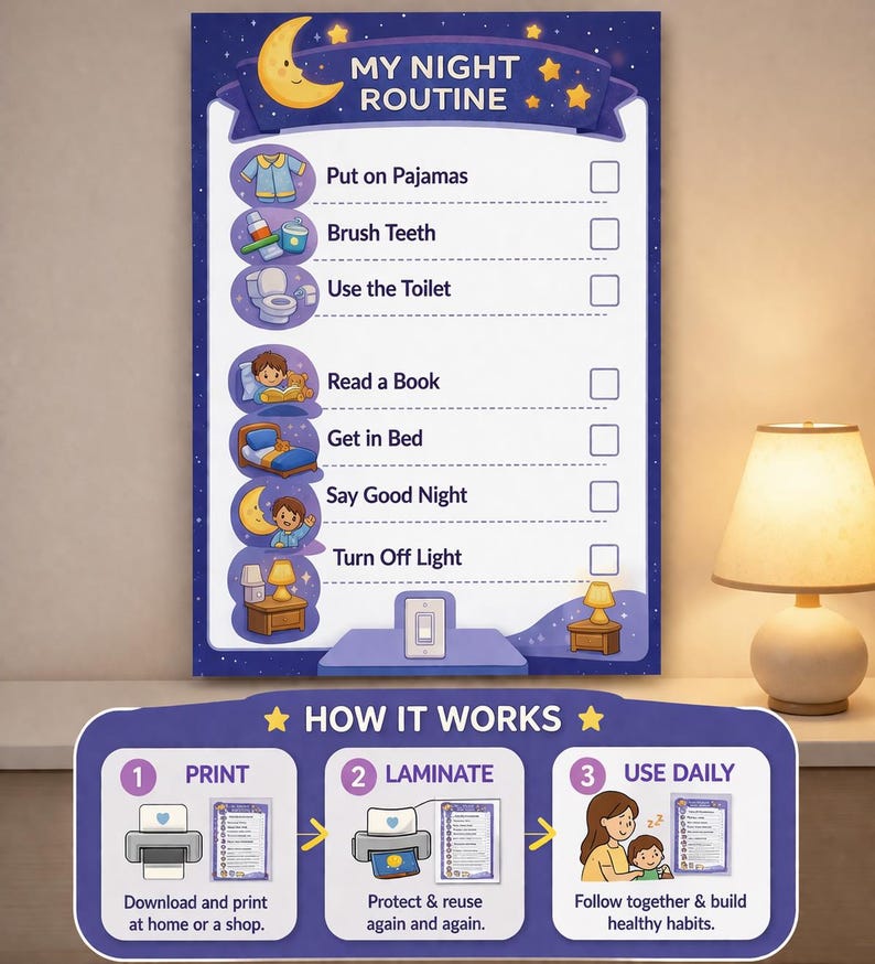 Kids Bedtime Routine Chart | Toddler Nightly Checklist (age 2-6 ...