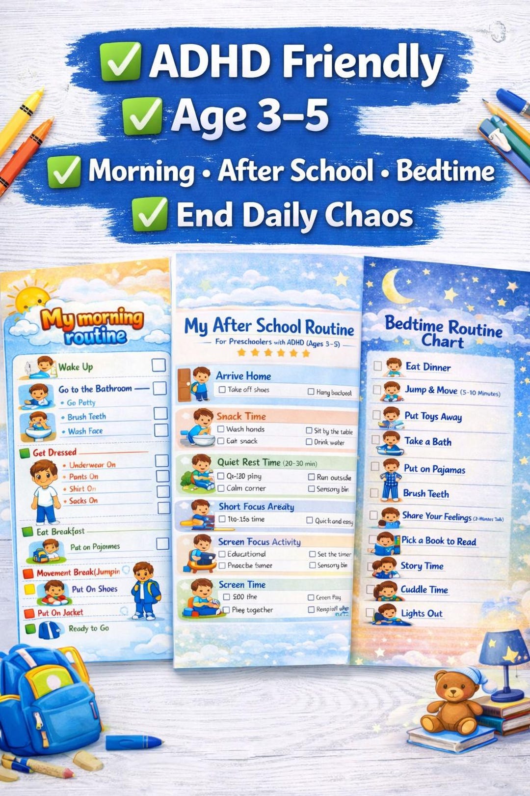 Colorful Adhd Routine Chart ADHD Visual Schedule Bundle for Preschoolers (ages 3-5) | Morning ...