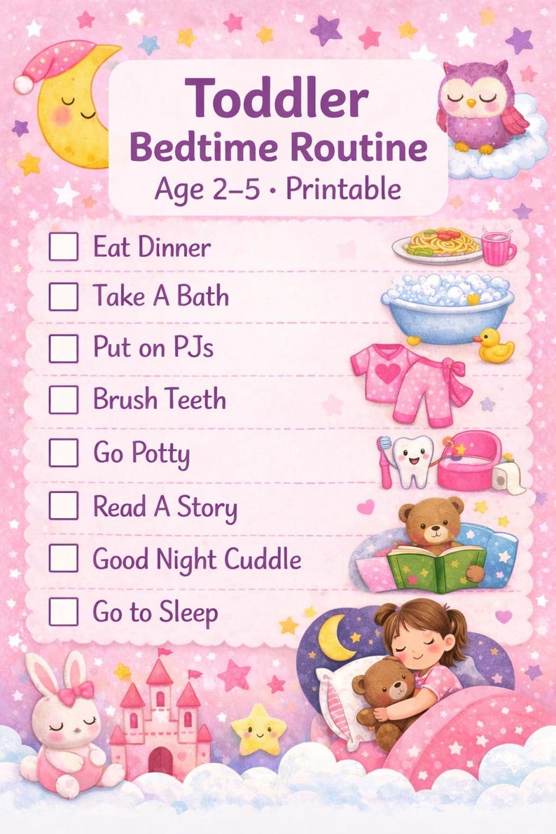 Toddler Bedtime Routine Chart for Girls | Visual Schedule Printable ...