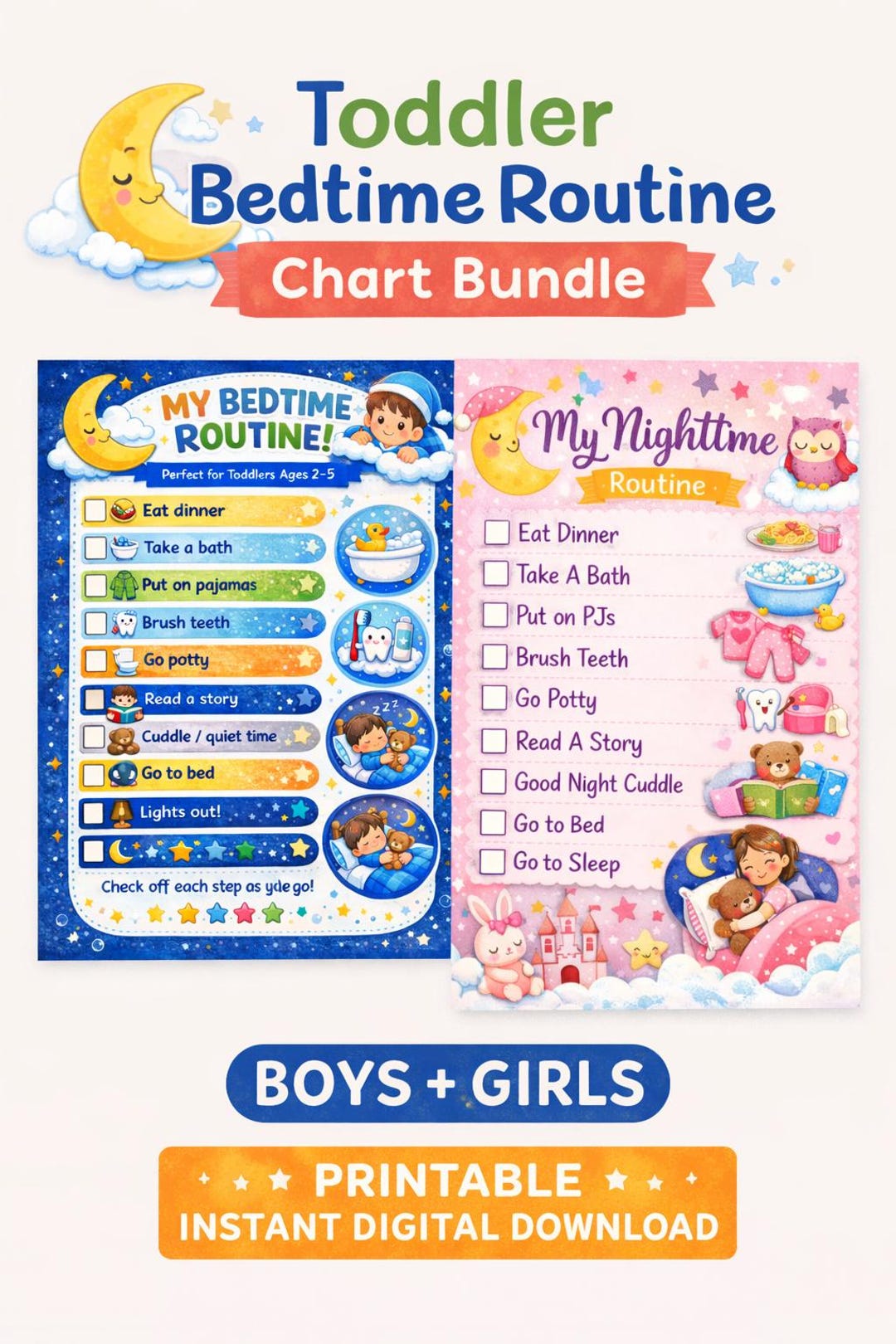 Toddler Bedtime Routine Chart | Visual Schedule for Boys & Girls ...
