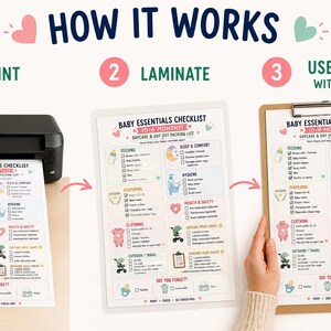 May include: A three-step instructional graphic titled HOW IT WORKS showing a printer outputting a Baby Essentials Checklist, a laminated version of the checklist, and a hand using a pen to mark items on the checklist attached to a clipboard.