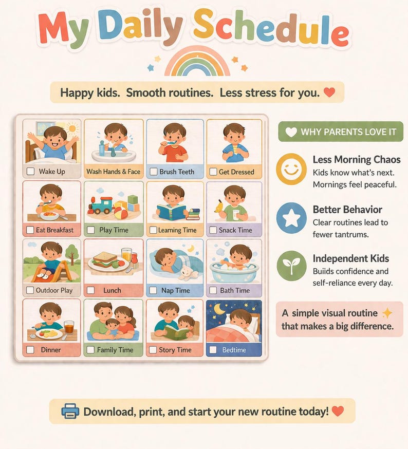 Toddler Full Day Routine Chart | Visual Schedule Printable (PNG A4/US ...