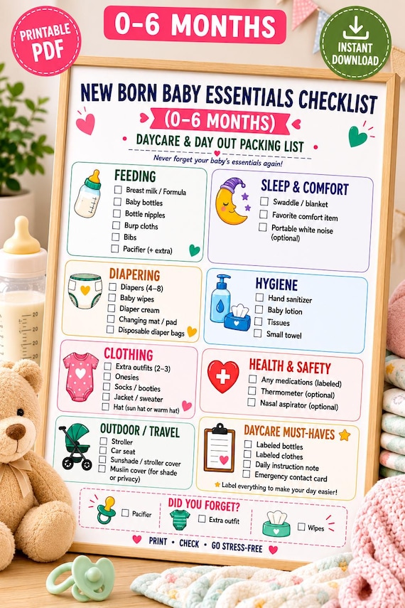New Born Baby Essentials Checklist (0-6 Months), Daycare Packing List (PNG)