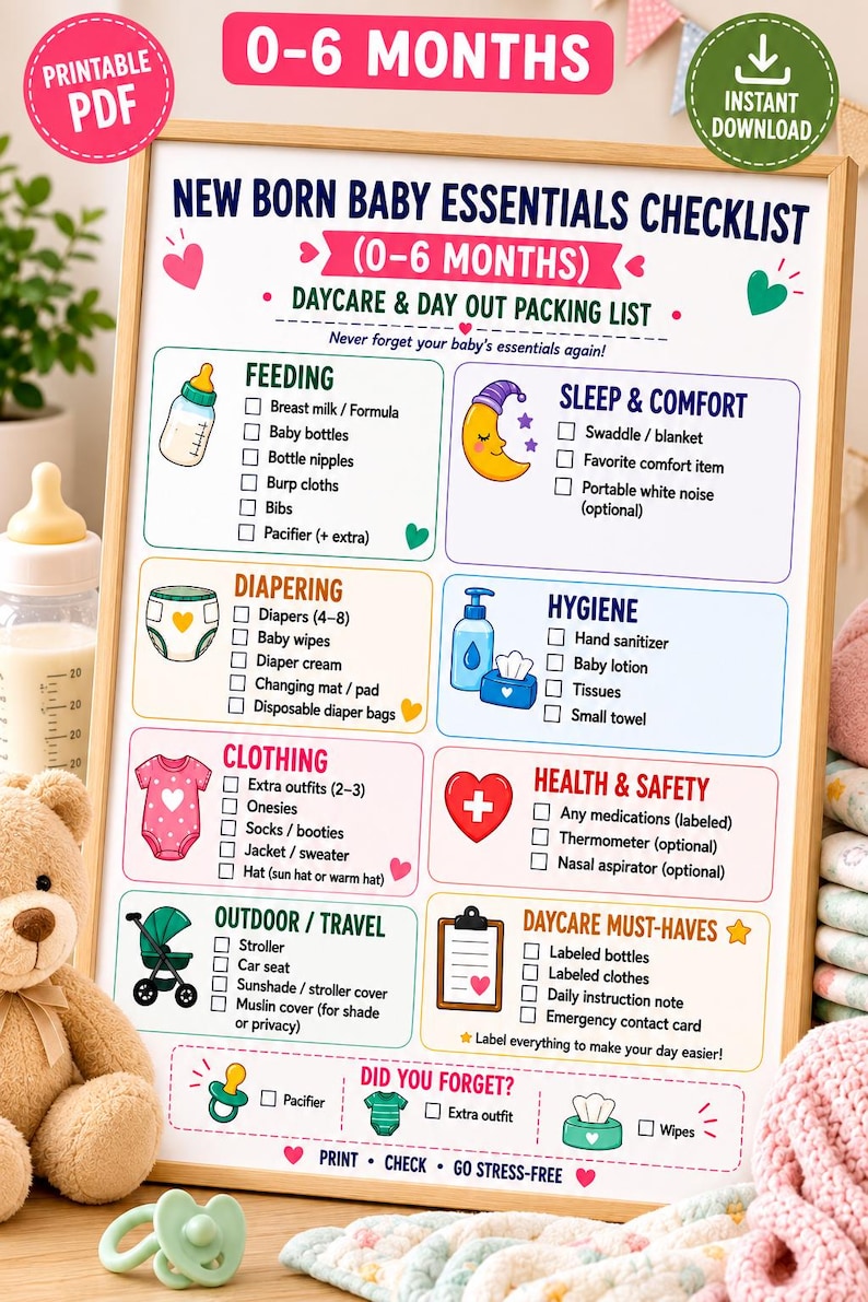 May include: A printable checklist titled New Born Baby Essentials Checklist 0-6 Months, featuring categories for feeding, sleep, diapering, hygiene, clothing, health, and travel. The document includes checkboxes, colorful icons, and text.
