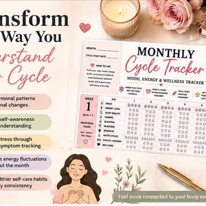 May include: A monthly cycle tracker chart with a pink and white color scheme. The document features sections for mood, energy, and wellness tracking, including a cycle phases guide, daily symptom checkboxes, and the text Transform The Way You Understand Your Cycle.
