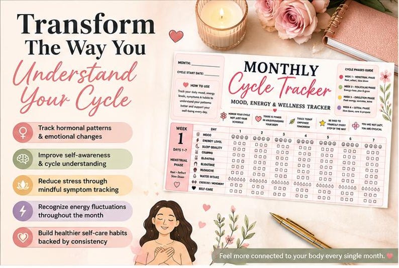 May include: A monthly cycle tracker chart with a pink and white color scheme. The document features sections for mood, energy, and wellness tracking, including a cycle phases guide, daily symptom checkboxes, and the text Transform The Way You Understand Your Cycle.
