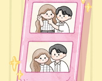 Ilustración de pareja en fotomatón, retrato de pareja dibujado a mano, dibujo animado sin IA, familia, aniversario, Navidad, vacaciones, regalo digital