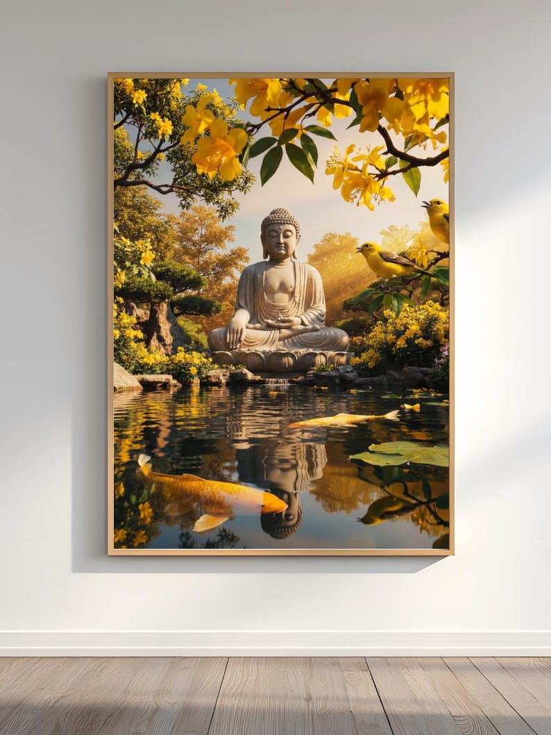 May include: A framed print depicts a serene scene with a seated Buddha statue reflected in a pond. Yellow koi fish swim in the water, surrounded by lush greenery and yellow flowers. Two yellow birds perch on a branch, adding a touch of life to the tranquil setting.