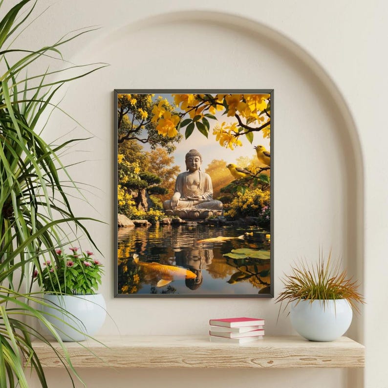 May include: Framed artwork depicting a serene scene with a seated Buddha statue reflected in a pond. The image features yellow flowers, birds, and a koi fish. The artwork is displayed on a wooden shelf with plants and books.