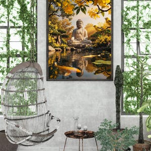 May include: A framed artwork depicts a serene scene with a seated Buddha statue reflected in water, surrounded by yellow flowers and koi fish. The image is set in a bright, airy room with a hanging chair and potted plants.