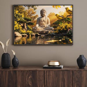 May include: Framed artwork depicting a serene Buddha statue in a lotus position, set in a tranquil garden with a pond. The scene is bathed in warm sunlight, with yellow flowers and birds adding vibrant color.