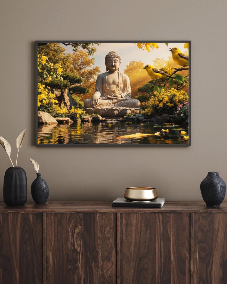 May include: Framed artwork depicting a serene Buddha statue in a lotus position, set in a tranquil garden with a pond. The scene is bathed in warm sunlight, with yellow flowers and birds adding vibrant color.