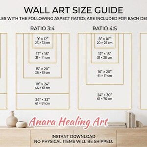 May include: Wall art size guide with dimensions in inches and centimeters. Includes ratios 2:3, 3:4, 4:5, and ISO A1-A4 sizes. The guide provides measurements for various print sizes, such as 8"x12" (20x31 cm) and 24"x36" (61x91 cm). The text "Anara Healing Art" is visible.