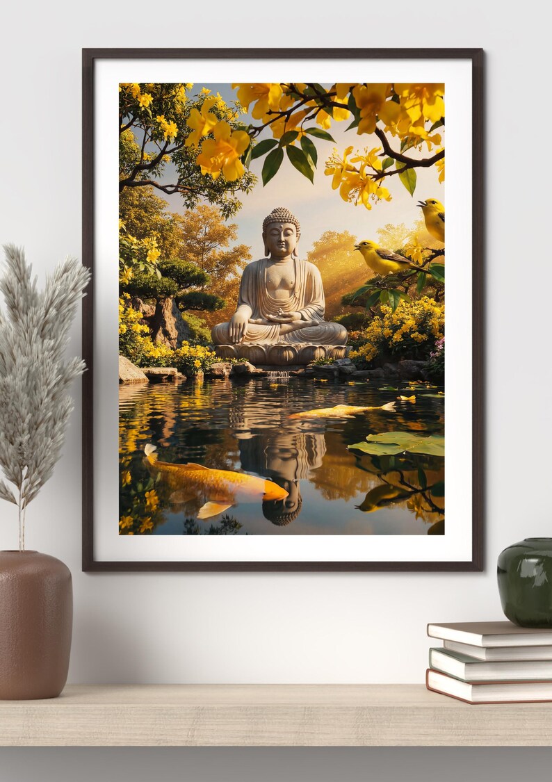 May include: Framed art print featuring a serene Buddha statue in a tranquil pond setting. The image showcases golden koi fish, yellow flowers, and birds, creating a peaceful and zen-like atmosphere. The artwork is framed in a dark brown frame.
