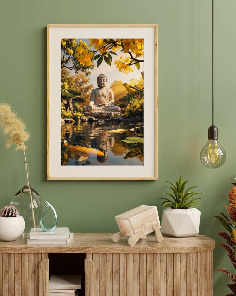 May include: A framed print depicts a serene Buddha statue seated in a tranquil pond, surrounded by lush greenery and yellow flowers. The artwork features a koi fish and a bird, creating a peaceful, nature-inspired scene. The frame is a light wood color.
