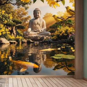 May include: A serene scene featuring a seated Buddha statue reflected in a pond with koi fish. Yellow flowers and birds perch in the trees. The image evokes a sense of peace and tranquility, suitable for meditation or home decor.