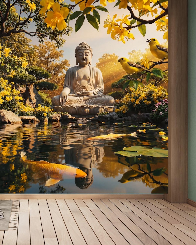 May include: A serene scene featuring a seated Buddha statue reflected in a pond with koi fish. Yellow flowers and birds perch in the trees. The image evokes a sense of peace and tranquility, suitable for meditation or home decor.