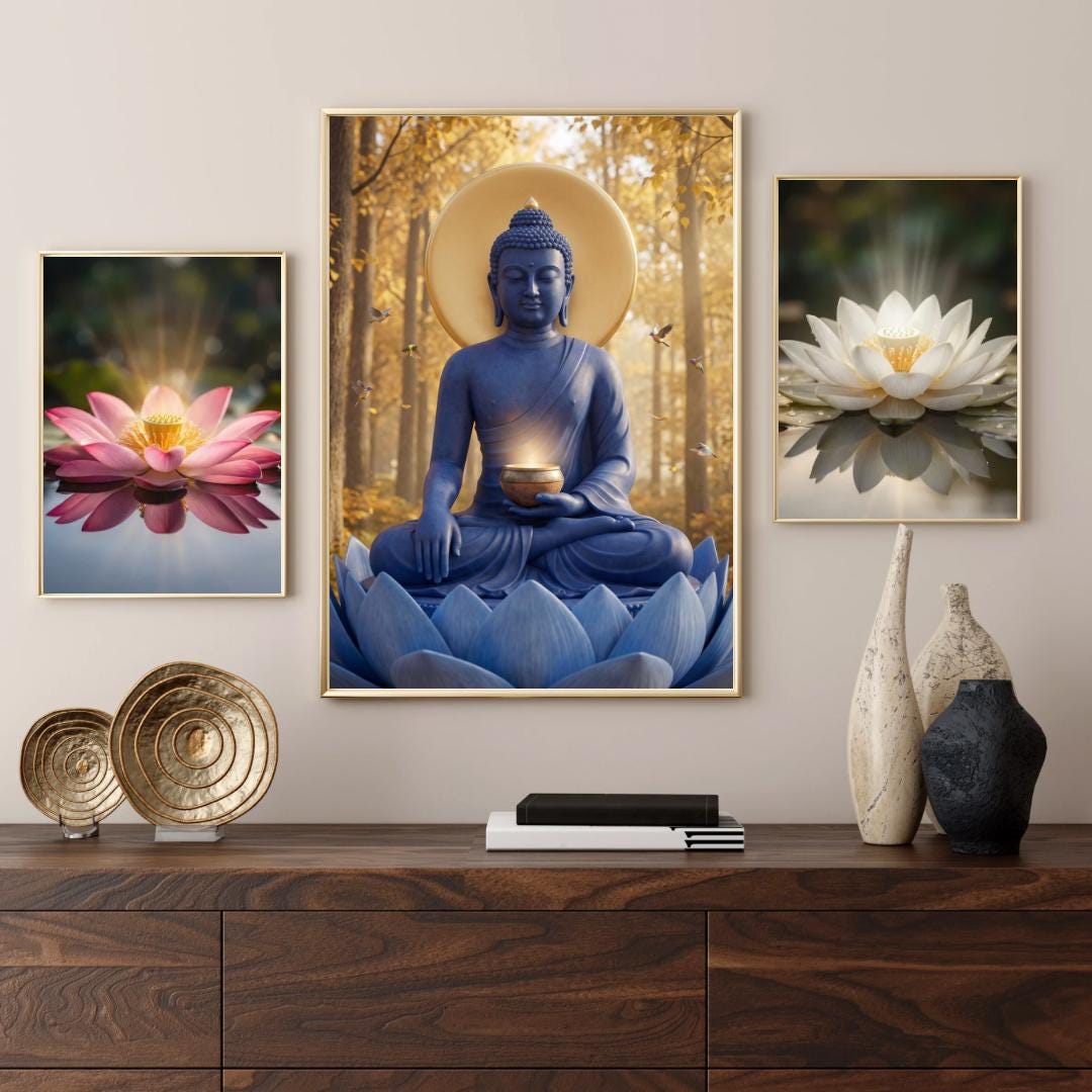 Meditation Buddha Wall Art Set of 3 Lotus Zen Triptych Spiritual Decor ...