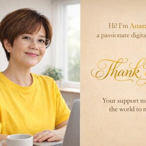 May include: A woman wearing a yellow t-shirt and glasses smiles at the camera. The image includes the text "Hi! I'm Anara, a passionate digital artist. Thank You. Your support means the world to me!"