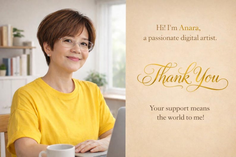 May include: A woman wearing a yellow t-shirt and glasses smiles at the camera. The image includes the text "Hi! I'm Anara, a passionate digital artist. Thank You. Your support means the world to me!"