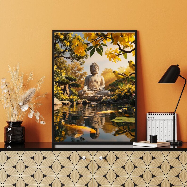 May include: Framed artwork depicting a serene Buddha statue seated in meditation by a pond. The scene includes koi fish, yellow flowers, and birds, creating a tranquil and spiritual atmosphere. The artwork is displayed on a black surface.