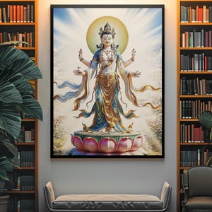 Arte curativo de Tara Blanca / Decoración de pared de la diosa tibetana / Thangka de luz de loto / Impresión de descarga instantánea