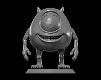 May include: A gray, three-dimensional rendering of a cartoon character with one large eye, a wide smile, and small horns. The character has arms and legs and is standing on a rectangular base against a black background.