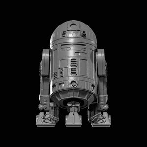 Può includere: Un modello grigio e dettagliato dell'iconico droide R2-D2 di Star Wars, su sfondo nero. Il modello presenta pannelli intricati, un corpo cilindrico e gambe articolate, mostrando il design classico del droide.