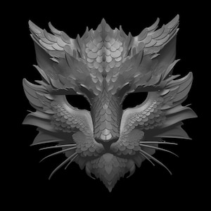 Peut inclure: Un masque de chat gris détaillé avec des textures complexes en forme d'écailles et de plumes. Le masque présente de grandes ouvertures pour les yeux, des oreilles pointues et des moustaches stylisées. Le design est symétrique et sur fond noir.