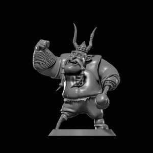 May include: A gray figurine of a cartoonish Viking character, posed with a raised fist and a club. The figure wears a horned helmet, a tunic, and pants. The character has a large mustache and a stern expression.