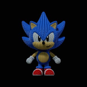 May include: A knitted Sonic the Hedgehog figure. The figure is predominantly blue, with white, tan, red, and grey accents. The hedgehog has a spiky head, white gloves, and red shoes. The background is black.
