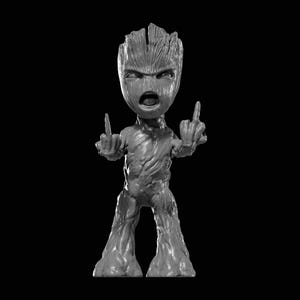 May include: A grey figurine of Groot from Guardians of the Galaxy, with an angry expression and both middle fingers raised. The figure has a textured, tree-like appearance and stands on a flat base against a black background.